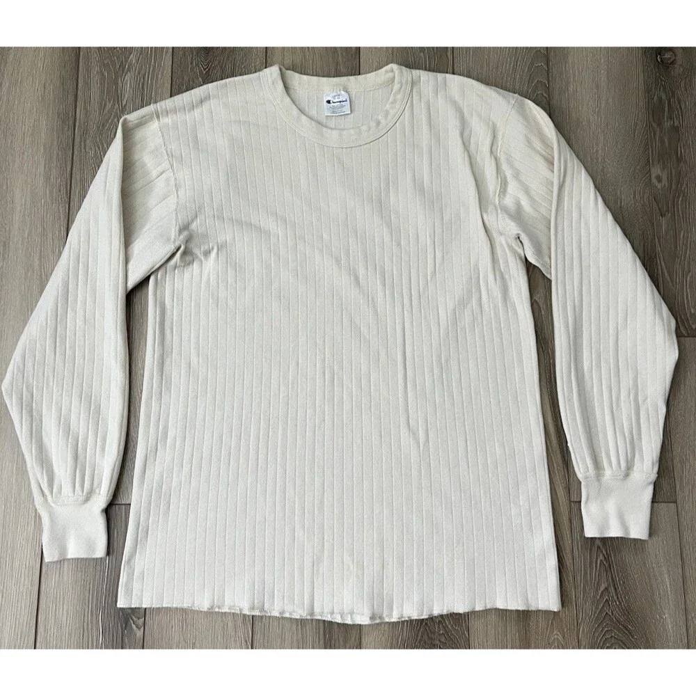 Vintage Champion Long Sleeve Pullover Shirt Mens Sz L Cream Ribbed Cotton Blend - Picture 2 of 8